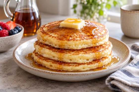 Golden American pancakes with butter and maple syrup
